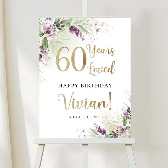 Greenery Purple 60 Years Loved Welcome Sign, Happy Birthday Welcome Sign, 50th Birthday Sign, Happy Birthday Decorations, Eucalyptus, GPU
