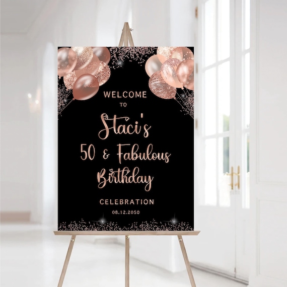 Rose Gold 50th Birthday Welcome Sign, Balloons & Confetti, Modern Decor (Printed or Digital File)