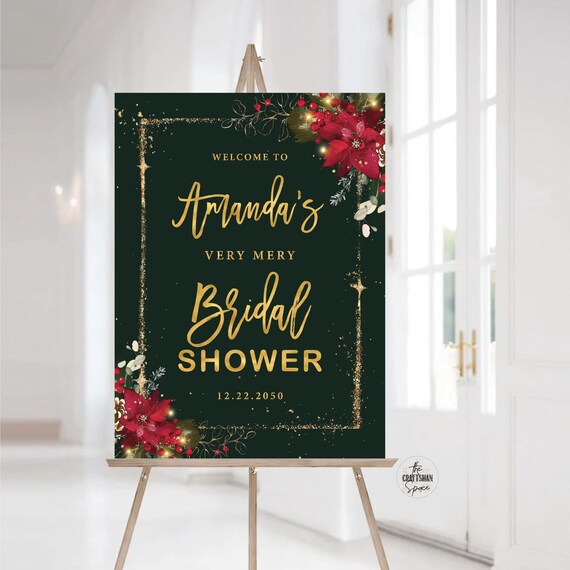 Winter Bridal Shower Welcome Sign, Christmas Bridal Shower Sign, Holiday Wedding Decoration, Poinsettia and Lights, Rustic Christmas, CRM2