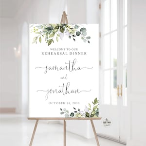 Letrero de bienvenida a la cena de ensayo con vegetación, letrero de la noche anterior, letrero de la cena de ensayo, letrero de ensayo de boda, decoración de boda, eucalipto, HB2