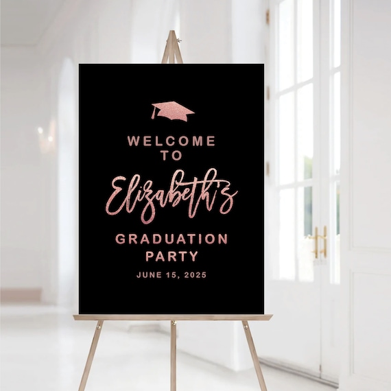 Minimalist Graduation Party Welcome Sign, Rose Gold Graduation Party Sign, Graduation Decoration, Graduation Party Sign, Black and Rose gold