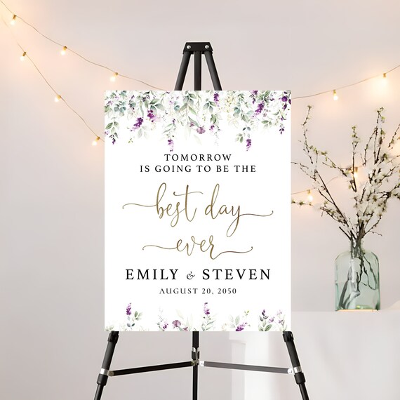 Greenery Purple Best Day Ever Welcome Sign, Lavender Rehearsal Dinner Sign, The night before, Green Lavender Wedding Rehearsal Sign, GPU