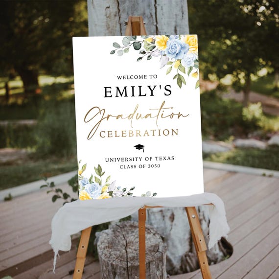Blue and Yellow Floral Graduation Party Welcome Sign, Graduation Decor, Greenery Grad Party Sign, Modern Grad Sign, Eucalyptus, Bohemian,BY1