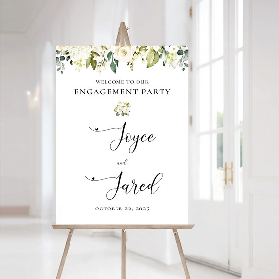 White roses Engagement party Welcome Sign, Greenery Engagement Party Decor, We are engaged, Bohemian, Eucalyptus, Cream roses, WR2