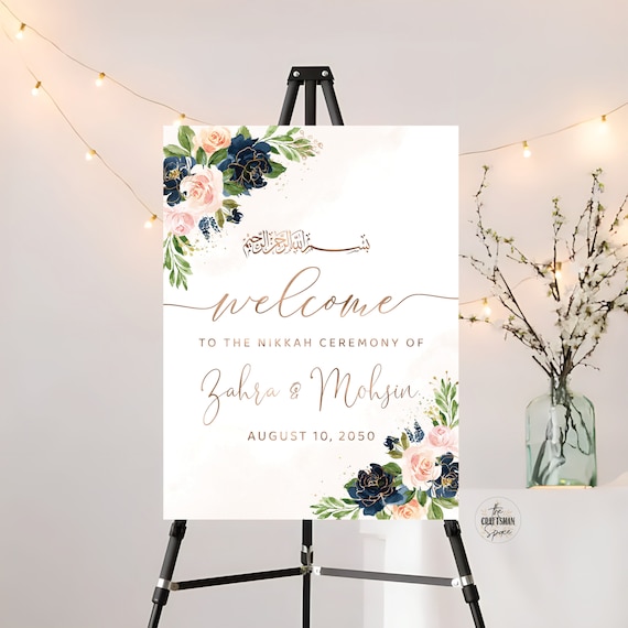 Navy & Blush Pink Floral Nikkah Wedding Welcome sign, Nikkah sign, Nikkah Ceremony Decorations, Islamic marriage ceremony, Bohemian, NB1