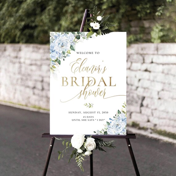 Dusty Blue Floral Bridal Shower Welcome Sign, Botanical Watercolor (Digital Printable)