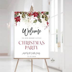 Christmas Party Welcome Sign, Christmas Welcome Poster, Printable Christmas Welcome Sign, Holiday Welcome Sign, Poinsettia and Lights, CRM1