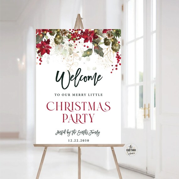 Christmas Party Welcome Sign, Christmas Welcome Poster, Printable Christmas Welcome Sign, Holiday Welcome Sign, Poinsettia and Lights, CRM1