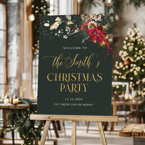 Christmas Party Welcome Sign, Golden, Red Poinsettia and Lights (Digital Printable)
