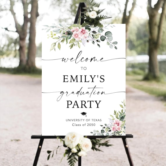 Elgant Floral Graduation Welcome Sign, Blush Pink Flowers and Greenery (Digital Printable)