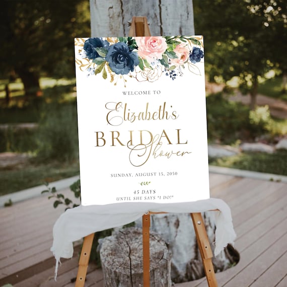 Navy & Blush Pink Floral Bridal Shower Welcome Sign, Botanicals Bridal Brunch Tea Sign, Wedding Shower Decoration, Eucalyptus, Bohemian, NB1