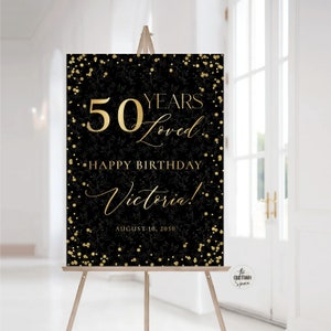 Modernes 50 Jahre geliebtes Willkommensschild, schwarz und goldenes alles Gute zum Geburtstag Willkommensschild 50