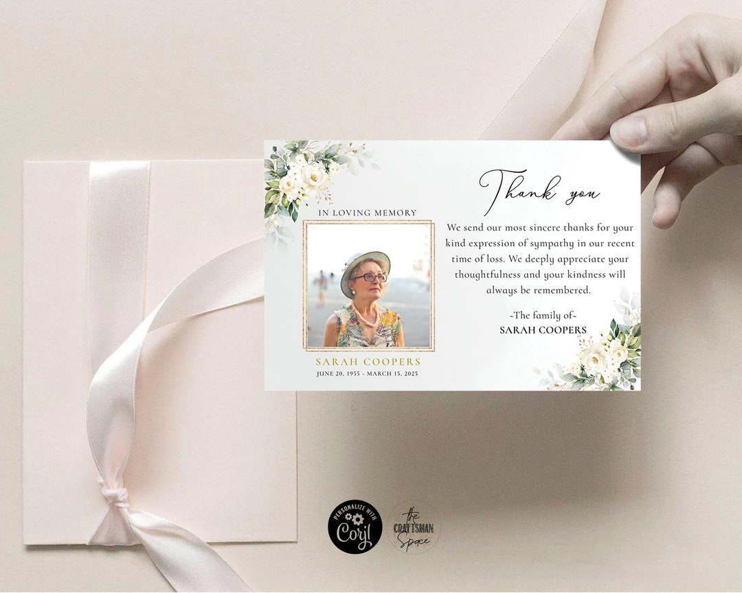 White Floral Funeral Thank You Card Template: Editable Greenery Design ...