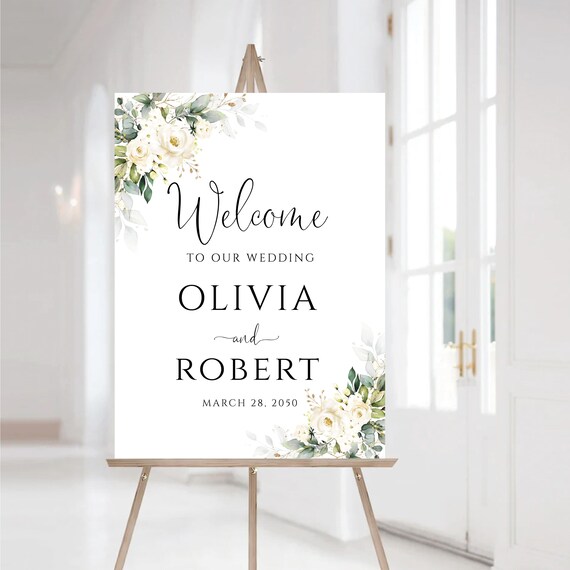 White roses Wedding Welcome Sign, Botanicals Wedding Poster, Herbal Wedding Decor, Modern Wedding Sign, Bridal Shower Sign, Eucalyptus, WR3