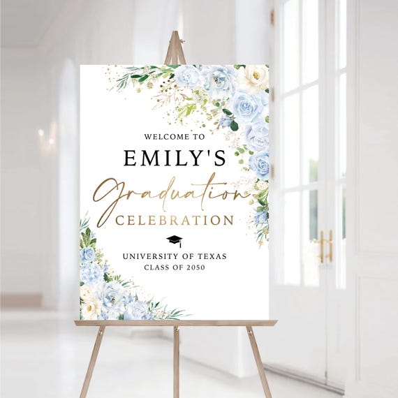 Light blue florals Graduation Party Welcome Sign, Photo Graduation Poster, Modern Graduation Decorations, Grad Party Decor, Eucalyptus, LB2