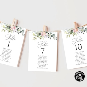 Groen Blush Pink Wedding Seating Chart Kaarten Sjabloon, Hangende Zitplank, Zitplan, Tabel Zitplaatsen Grafiek, Kaartsjabloon, BG1
