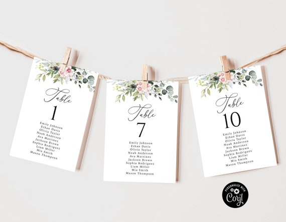 Greenery Blush Pink Wedding Seating Chart Cards Template, Hanging Seating Board, Seating Plan, Table Seating Chart, Card template, BG1