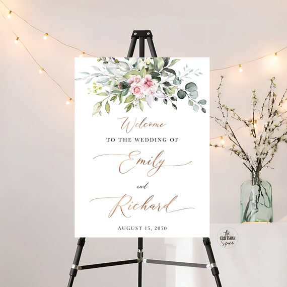 Greenery Blush pink Wedding Welcome Sign, Wedding Ceremony Sign, Wedding Decorations, Poster, Printable, Eucalyptus, Herbal, Eucalyptus, BG1