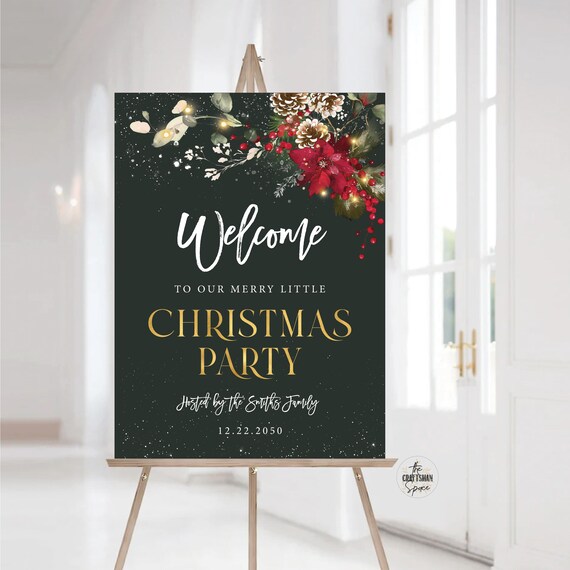 Christmas Party Welcome Sign, Christmas Welcome Poster, Printable Christmas Welcome Sign, Holiday Welcome Sign, Poinsettia and Lights, CRM2