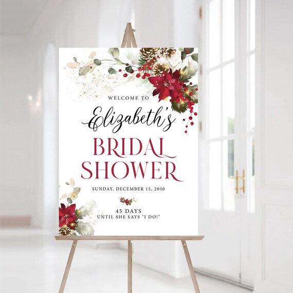 Red Poinsettia Bridal Shower Welcome Sign, Winter Floral (Printed or Digital File)