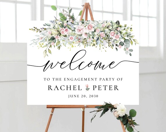 Greenery with blush pink Engagement Welcome Sign, We are engaged Sign, Engagement Decorations, Eucalyptus, Greenery, Blush pink, BG2