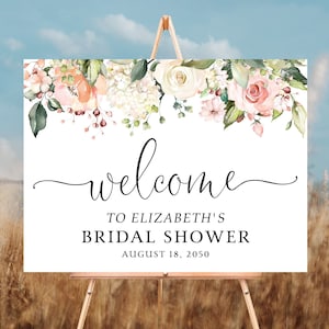 Greenery Blush rosa signo de ducha nupcial, signo de bienvenida de ducha de brunch nupcial, cartel de ducha de parejas, eucalipto, rosas blancas, HERSU4