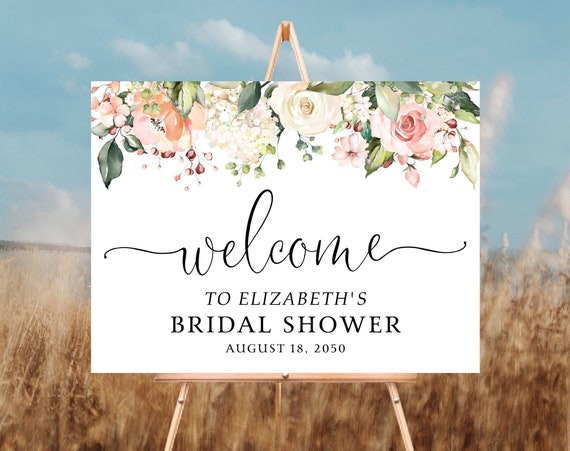 Greenery Blush pink Bridal Shower Sign, Bridal Brunch Shower Welcome Sign, Couples Shower Poster, Eucalyptus, white roses, HERSU4