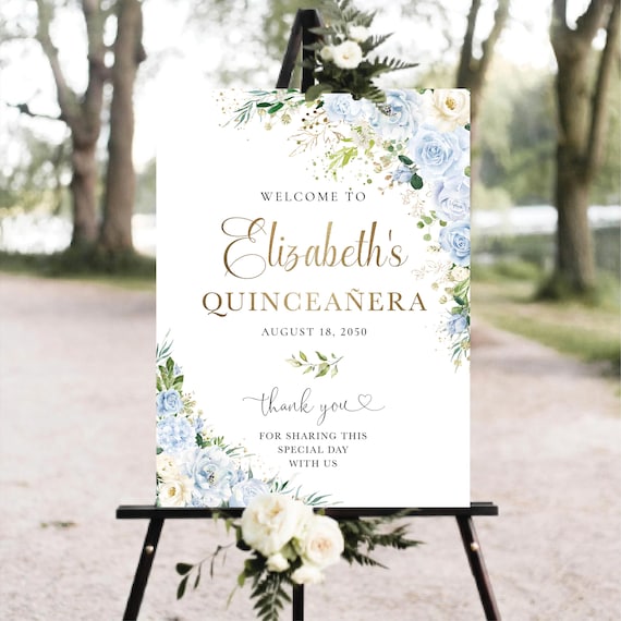 Floral Quinceañera Welcome Sign, Light Blue Flowers and Greenery, Sweet 16 (Digital Printable)