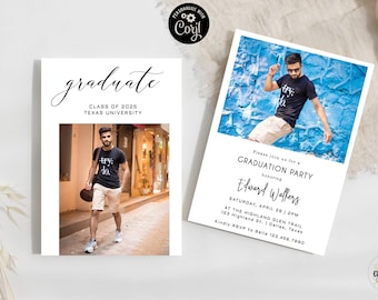 Invitación fotográfica para fiesta de graduación: Diseño minimalista moderno y editable (descarga digital)