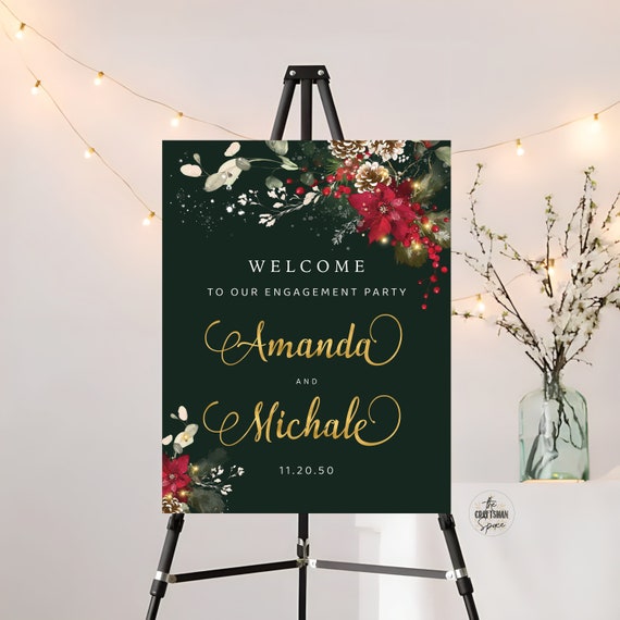 Christmas Engagement Party Welcome Sign, Engagement Party Sign, We are Engaged Sign, Holiday Welcome Sign, Poinsettia and Lights, CRM2