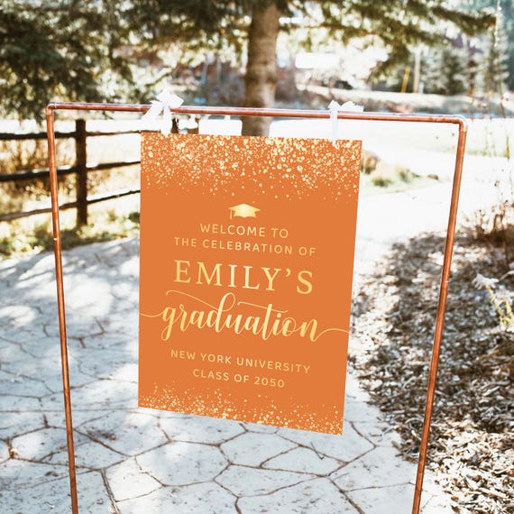 Orange Golden Graduation Party Welcome Sign, Gold Glitter Graduation Decoration, Modern Graduation with photo Party Sign, Grad Party Poster