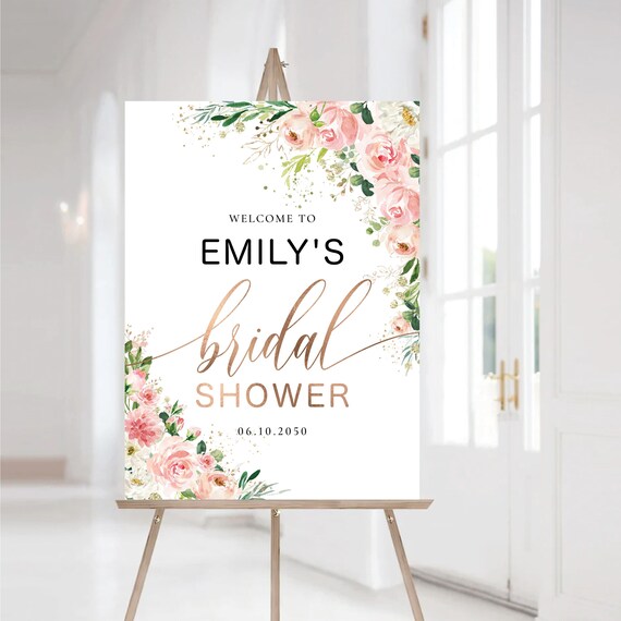 Floral Bridal Shower Welcome Sign, Blush Pink Flowers and Greenery (Digital Printable, EB1)
