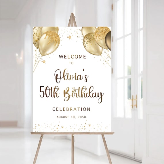 50th Birthday Welcome Sign, 60th Birthday Party Sign, 70th Birthday Celebration Sign, Balloons Birthday Sign, Black and Gold Birthday Sign