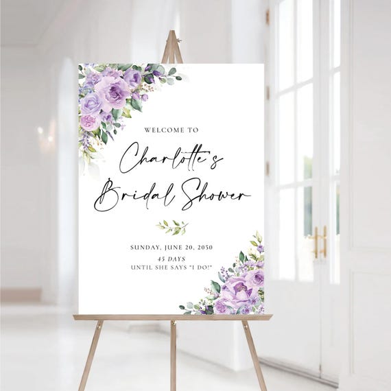 Purple Floral Bridal Shower Welcome Sign: Eucalyptus Poster (Printed or Digital File)