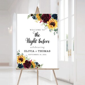 Burgundy Navy Sunflower The night before sign, Wood Rehearsal Welcome Sign, Wood Wedding Welcome Sign, Burgundy, BNS1