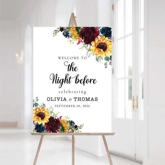 Burgundy Navy Sunflower The night before sign, Wood Rehearsal Welcome Sign, Wood Wedding Welcome Sign, Burgundy, BNS1