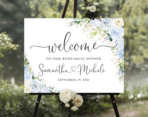 Dusty Blue Floral The night before Welcome Sign, Botanicals Wedding Rehearsal Dinner Decor, Modern Wedding Poster, Eucalyptus, Herbal, LB2