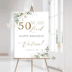 Greenery 50 Jahre Loved Willkommensschild, Happy Birthday Willkommensschild, 50 Jahre Geburtstag Zeichen, Happy Birthday Dekoration, Eukalyptus, Kräuter, HB3
