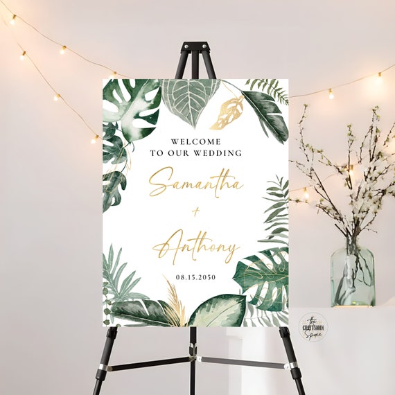 Tropical Wedding Welcome Sign, Leaves, Safari, Wedding Ceremony Decorations, Custom Design, Rehearsal Sign, Botanical, Poster, Bohemian, TP2