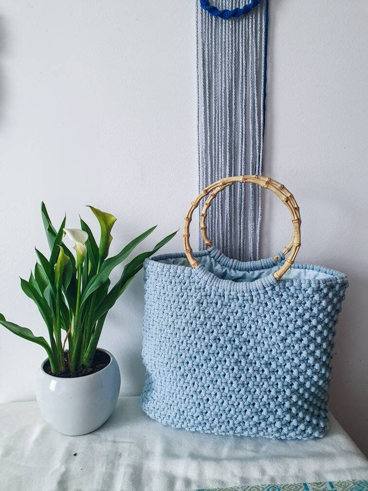 Summer Hand bag, Tote Bag, Macrame Bag, Boho Style, Fashion, Wooden Handle Summer Bag, Handmade, Blue, Made in UK