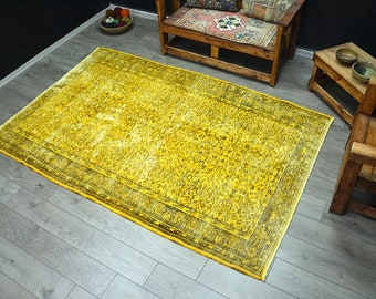 Yellow Rug,Turkish Rug 5.7x3.6ft,small area rug,distressed rug,hand woven rug,kitchen rug,vintage oushak rug,runner rug,hallway rug,wool rug