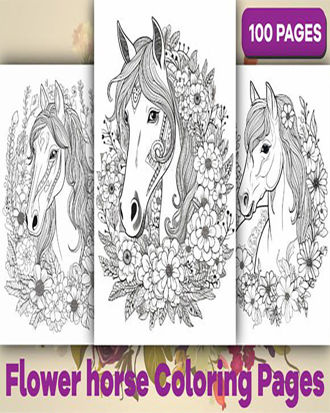 Flower Horse Coloring Pages for Adults - Etsy
