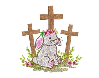 Easter Bunny and Crosses Embroidery Design, 3 Sizes (Digital File)