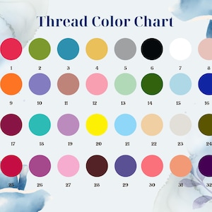 May include: A color chart titled "Thread Color Chart" with 32 numbered color swatches. The swatches are arranged in rows and columns, displaying a variety of colors including red, green, blue, yellow, and pink.