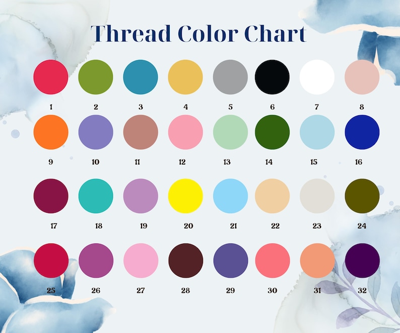 May include: A color chart titled "Thread Color Chart" with 32 numbered color swatches. The swatches are arranged in rows and columns, displaying a variety of colors including red, green, blue, yellow, and pink.