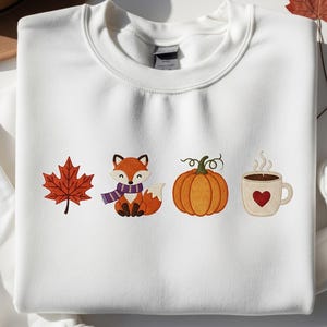 Cozy Fox Autumn Embroidered Sweatshirt, Pumpkin Spice Latte Shirt, Fall Leaves and Fox Embroidery, Autumn Vibes Cute Fall Sweater for Her