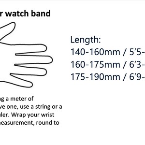May include: Diagram illustrating how to measure a wrist for a watch band. Includes text instructions and measurements in both millimeters and inches. The image shows a hand with a measuring tape wrapped around the wrist.