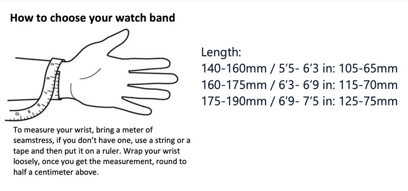 May include: Diagram illustrating how to measure a wrist for a watch band. Includes text instructions and measurements in both millimeters and inches. The image shows a hand with a measuring tape wrapped around the wrist.