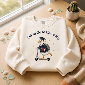 Sweatshirt met geborduurde tekst "Off To Go To University", trui met universiteitsgans, afstudeercadeau