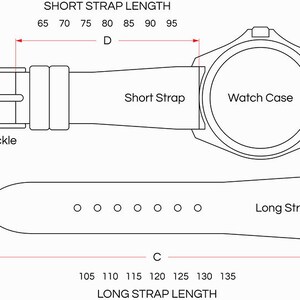 May include: Diagram of a watch with measurements in millimeters. The image shows the watch case, short strap, long strap, and buckle. The lug width is 18-24 mm, the buckle width is 18-22 mm, and the short strap length is 65-95 mm.